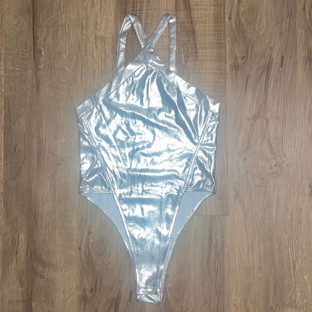 Crisscross Halter Neck Silver Metallic Bodysuit